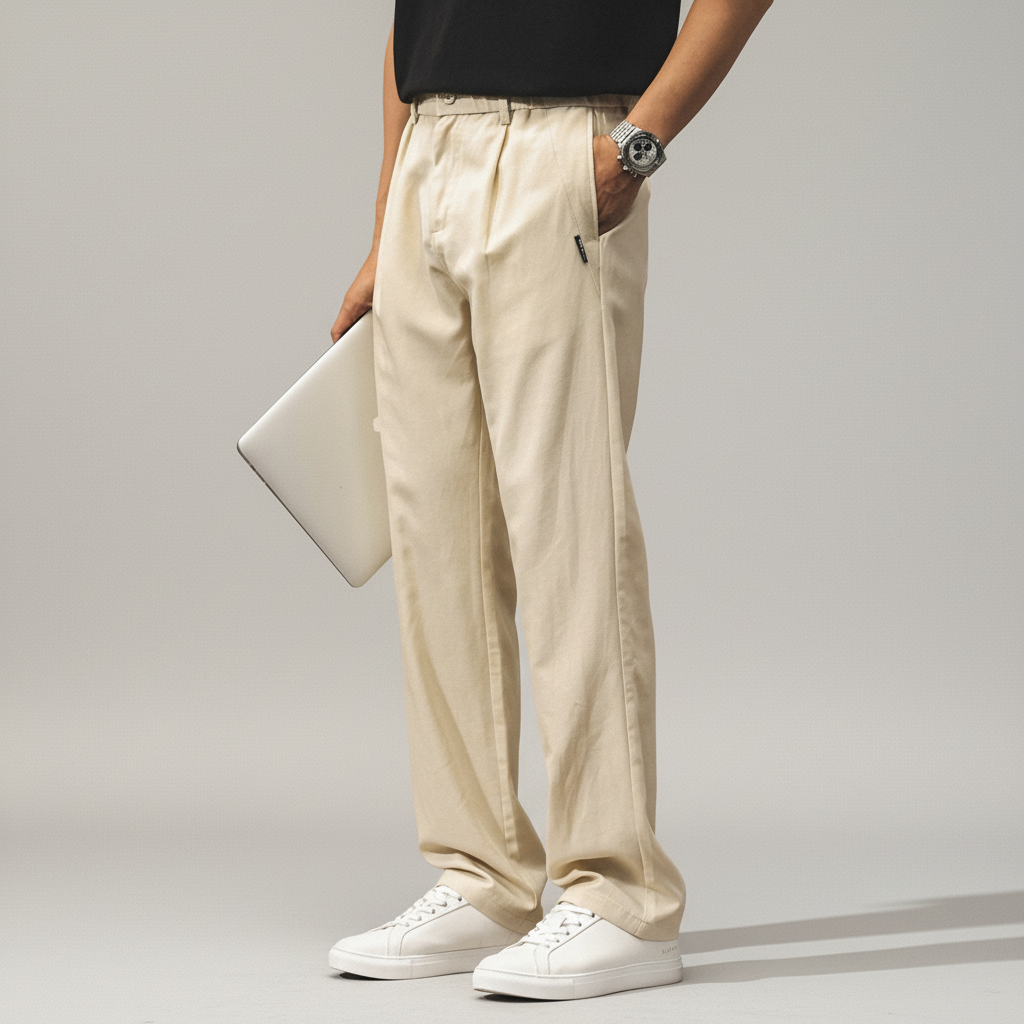 Lyocell Linen Pleated Casual Trousers in Beige