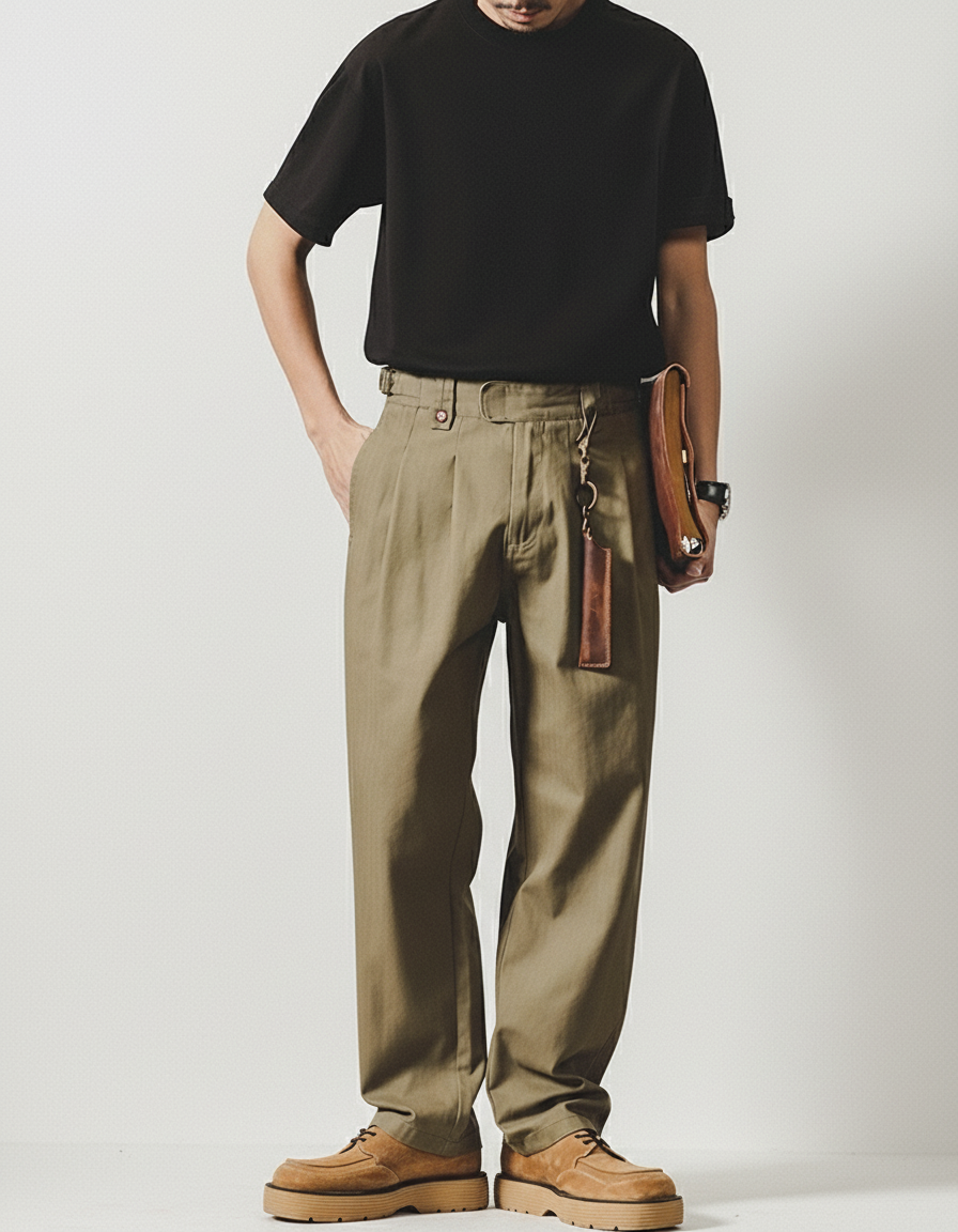 Herringbone Pattern Naples Casual Pants in Army Green