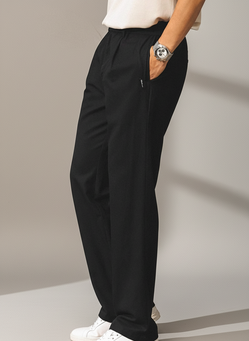 Lyocell Linen Pleated Casual Trousers in Black