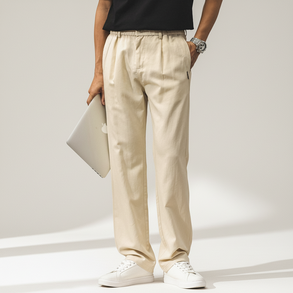 Lyocell Linen Pleated Casual Trousers in Beige