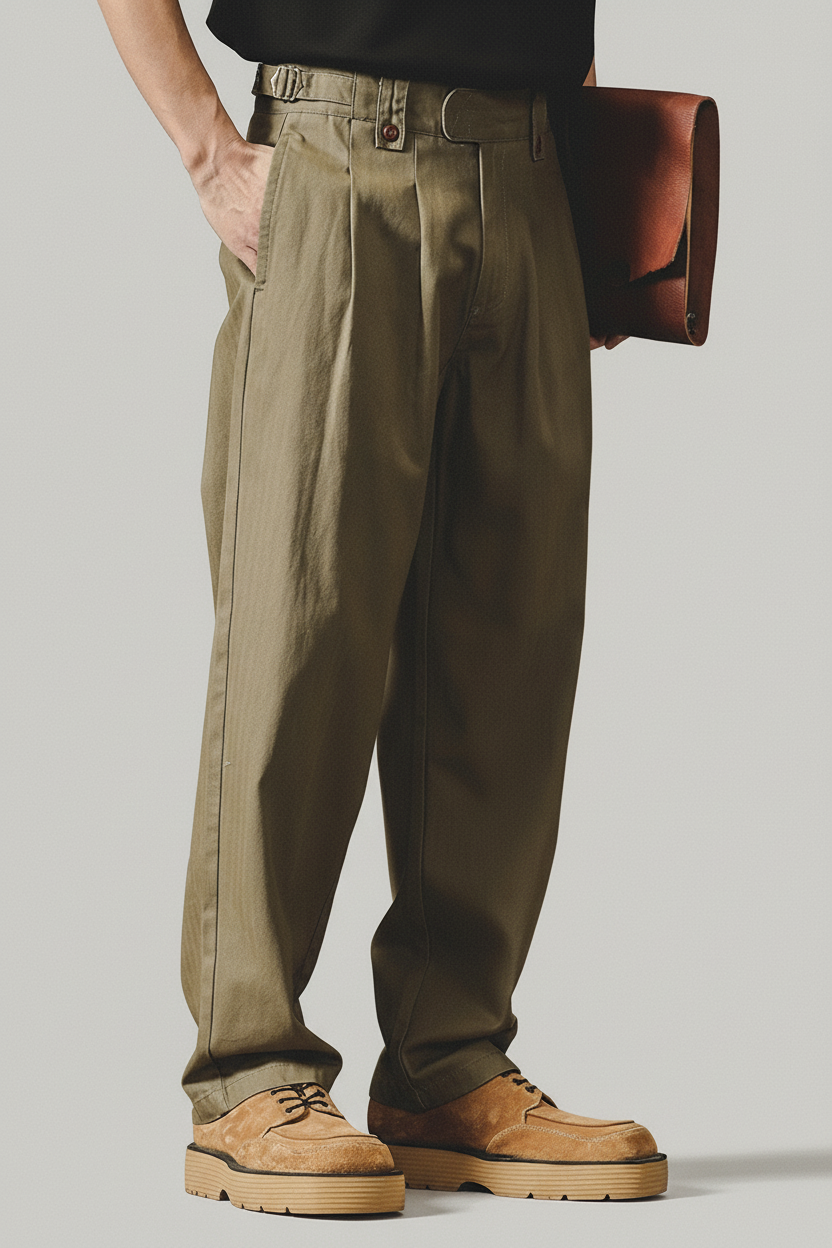 Herringbone Pattern Naples Casual Pants in Army Green
