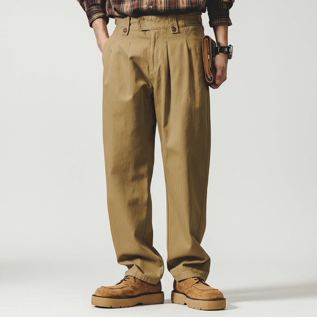 Herringbone Pattern Naples Casual Pants in Camel Yellow