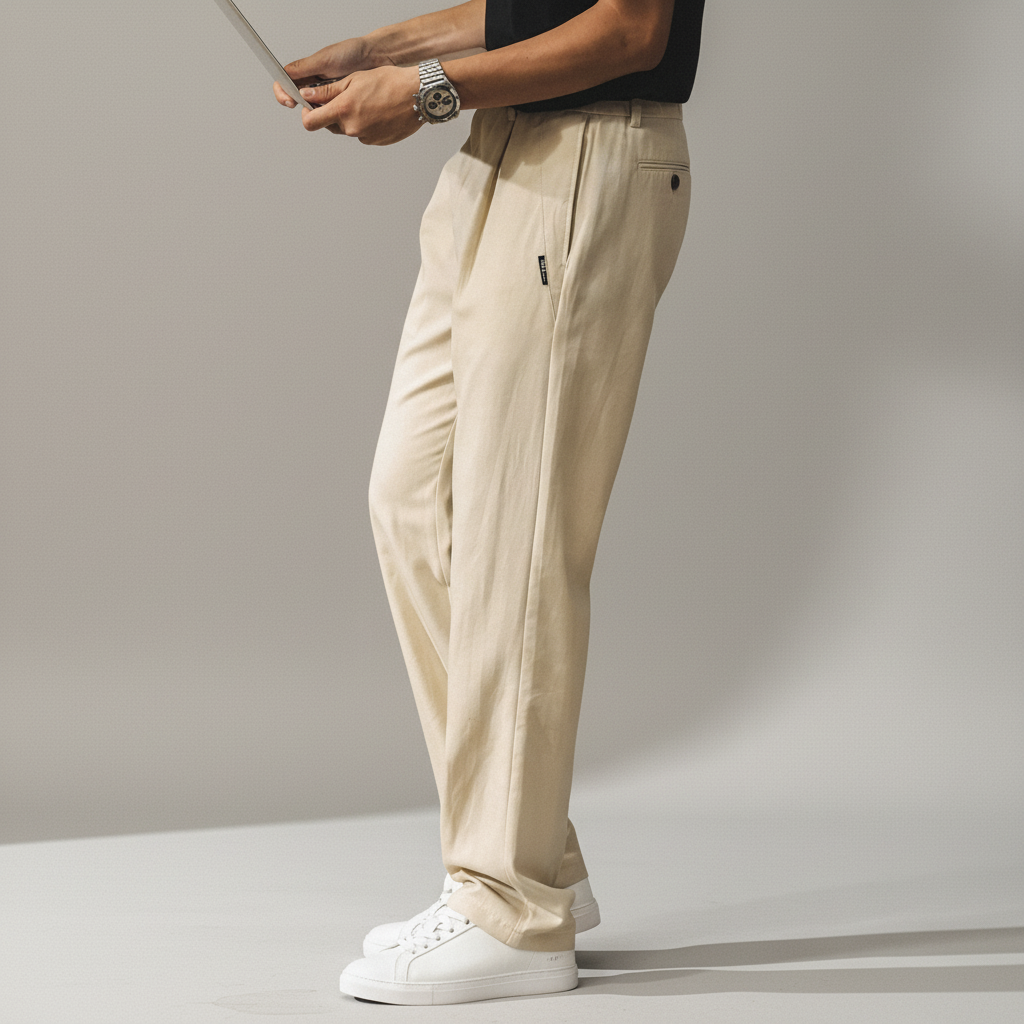 Lyocell Linen Pleated Casual Trousers in Beige