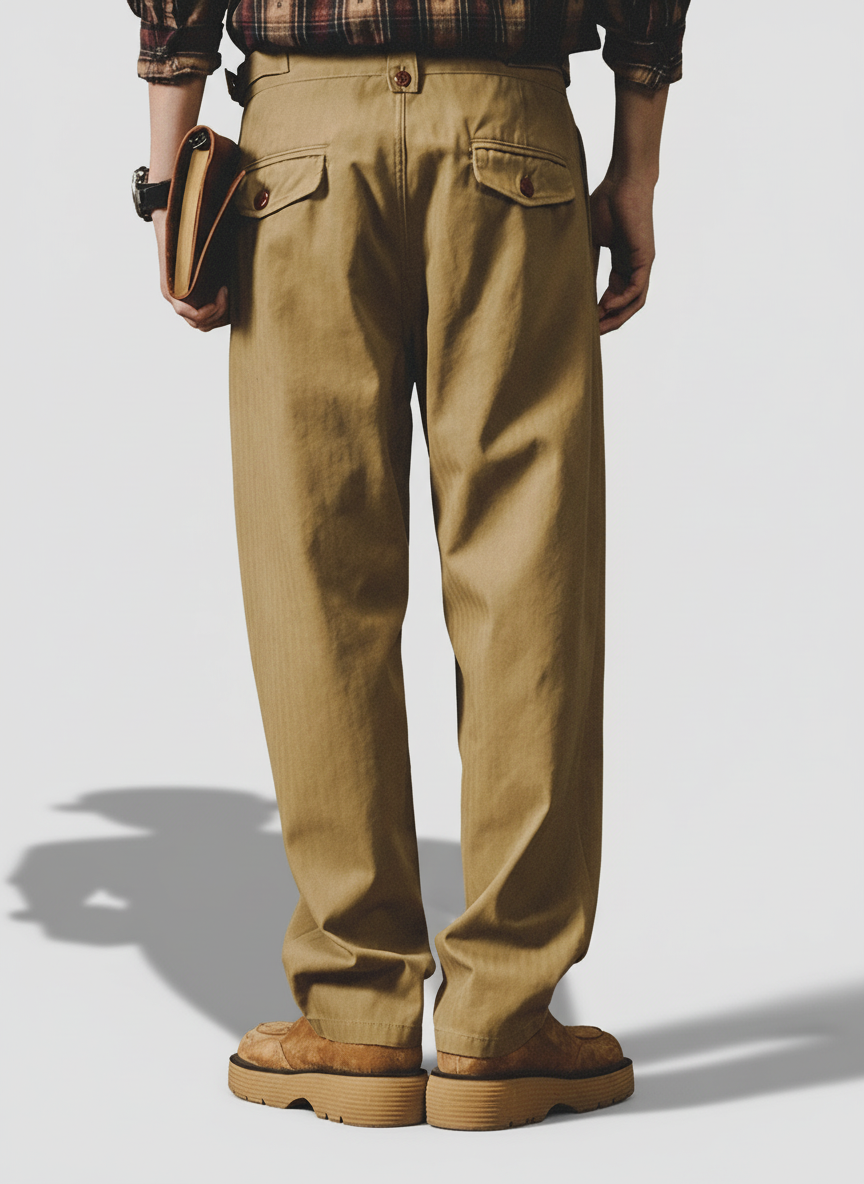 Herringbone Pattern Naples Casual Pants in Camel Yellow