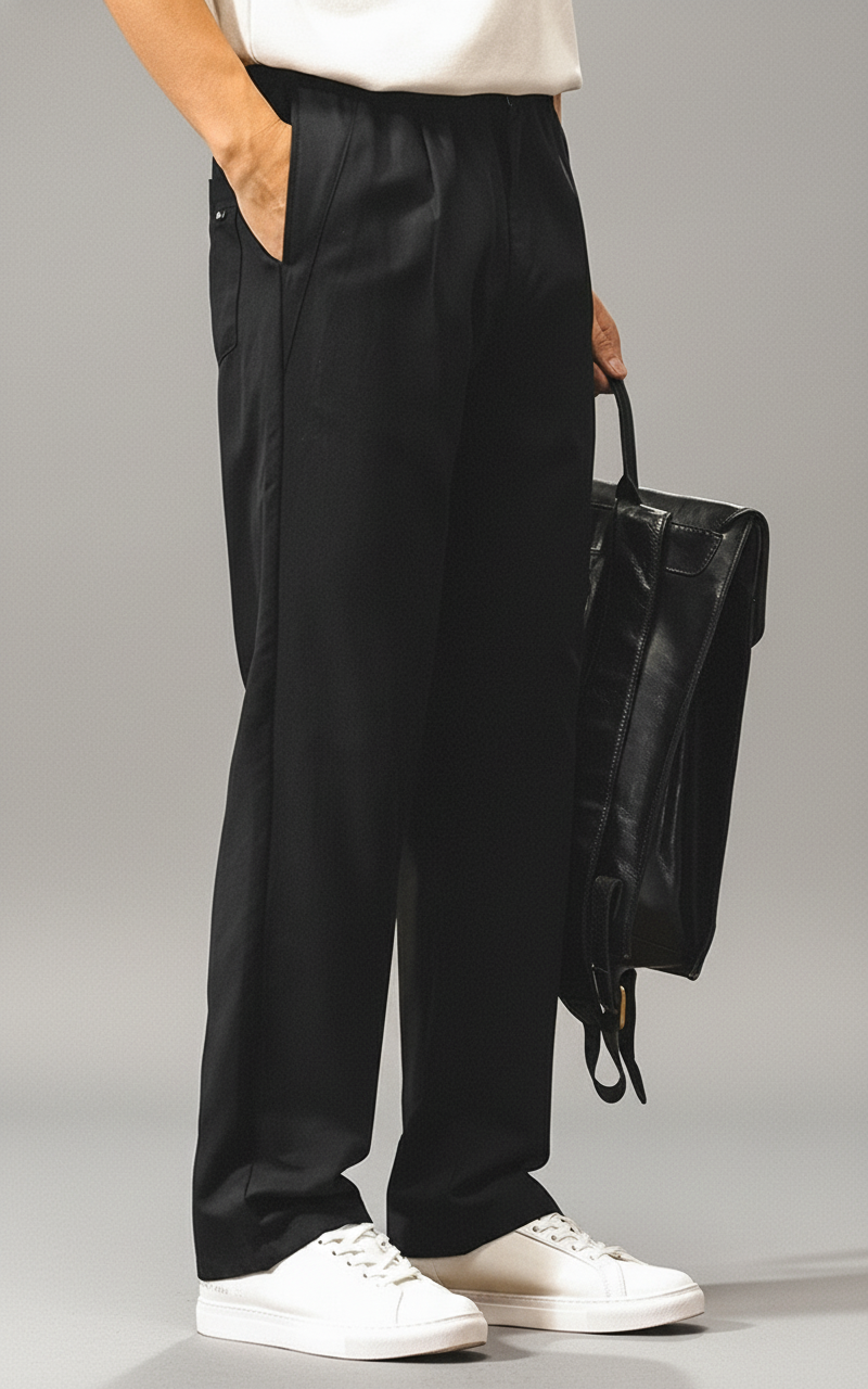 Lyocell Linen Pleated Casual Trousers in Black