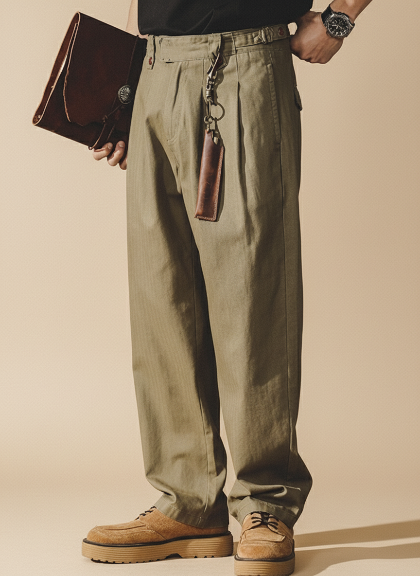 Herringbone Pattern Naples Casual Pants in Army Green