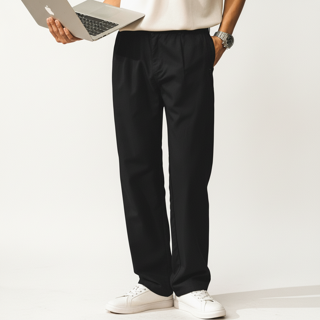 Lyocell Linen Pleated Casual Trousers in Black