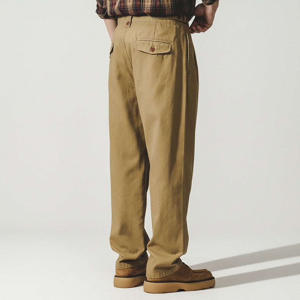 Herringbone Pattern Naples Casual Pants in Camel Yellow
